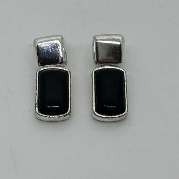Liz Claiborne Vintage Silver-Tone Drop Earrings With Black Acrylic Rectangle Acc - Picture 9 of 11